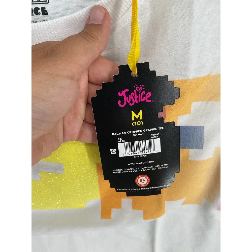 Justice Girls Pac-Man Cropped Graphic Tee White Retro Pixel Art Size M 10